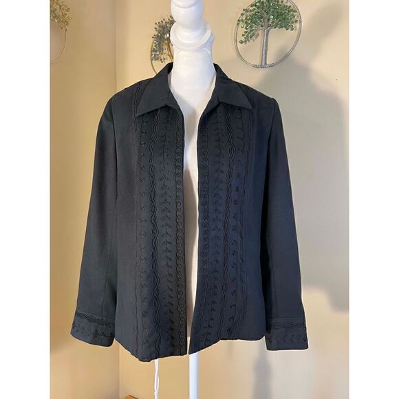 Vintage Blue Ice Black Faux Micro Suede Embroidered Open Front Blazer Size 8 - Picture 1 of 12
